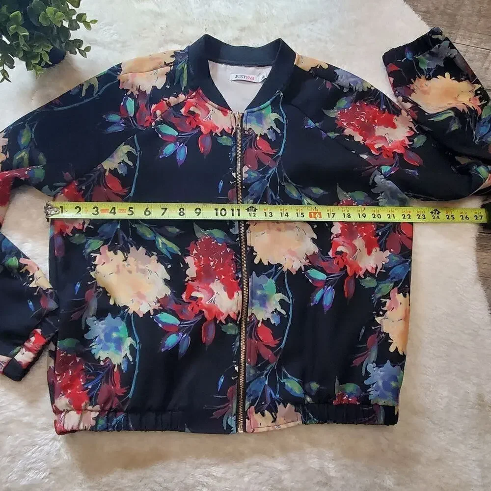 JustFab Black Floral Bomber Jacket, Size Large